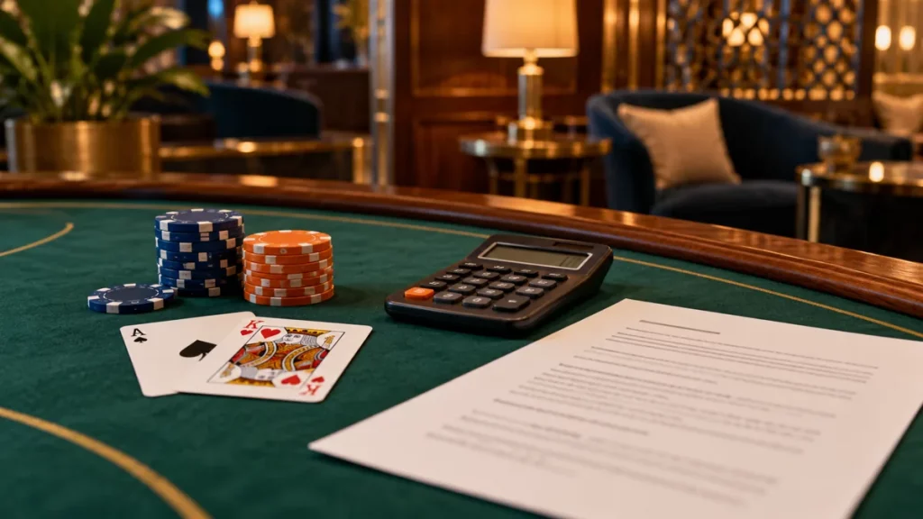 Casino chips, playing cards, a calculator and a terms sheet on green felt.