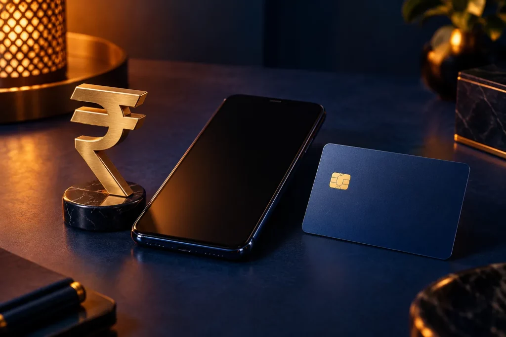 Phone, payment card and Indian rupee symbol