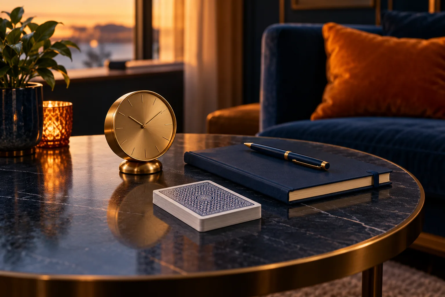 Clock, notebook and card table in a lounge