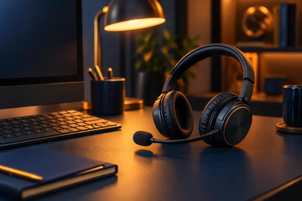 Headset on a support desk for 21Prive contact information